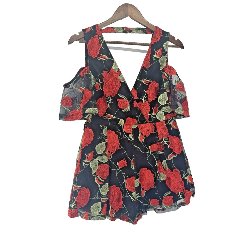 Shop 17 Romper Black Red Embroidered Roses cold shoulder sheer whimsigoth‎ Fairy
